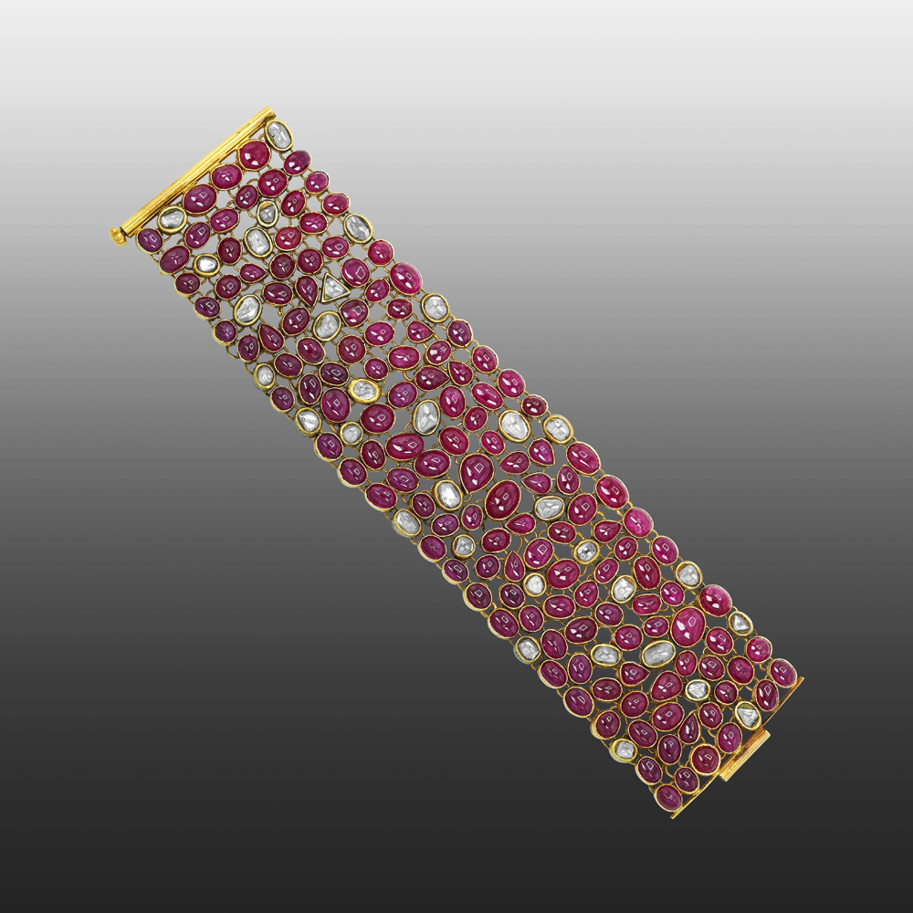 Wide Ruby Cabochon Bracelet with Scattered Polki Diamonds